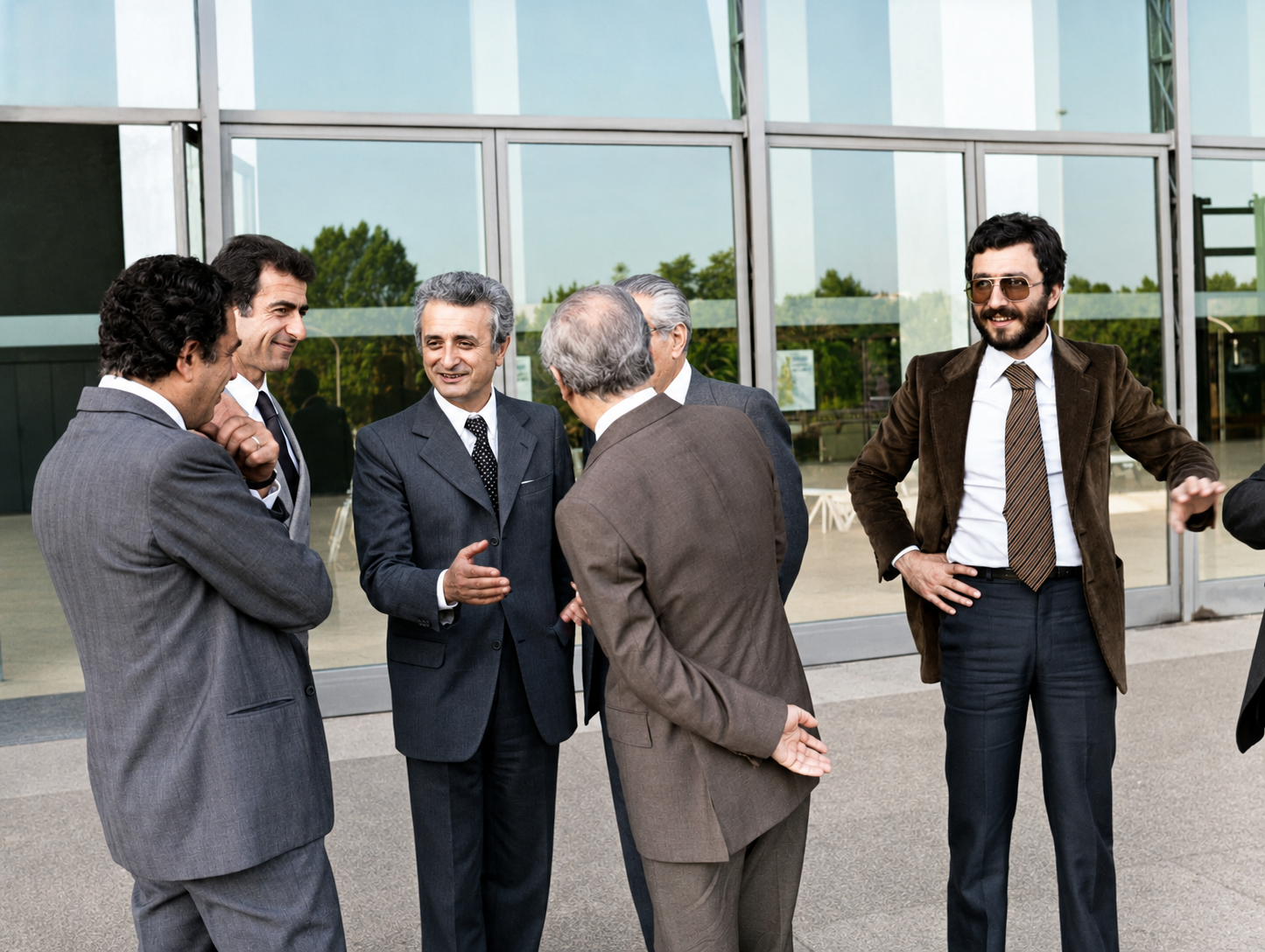 Vittorino Colombo conversa con rappresentanti istituzionali davanti a un edificio pubblico durante un incontro ufficiale negli anni Settanta.