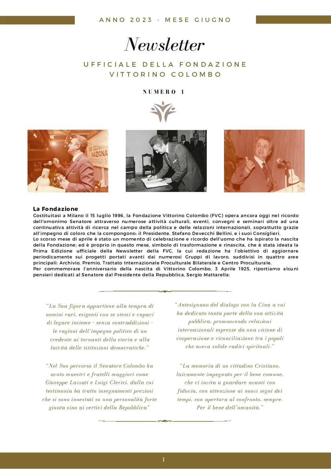 Copertina della Newsletter Ufficiale della Fondazione Vittorino Colombo, Numero 1, giugno 2023, con fotografie storiche del Senatore Vittorino Colombo e presentazione della Fondazione.