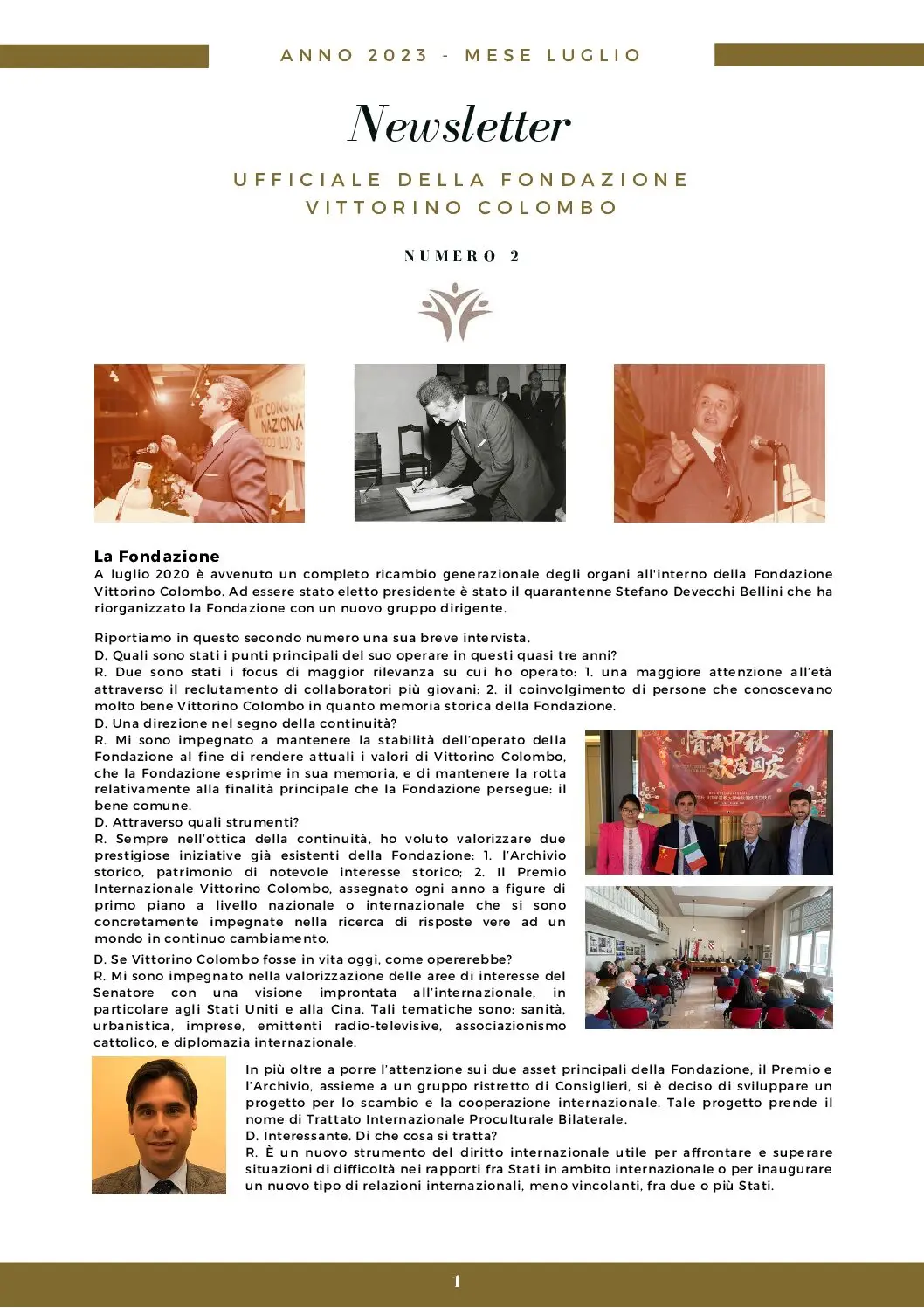 Copertina della Newsletter Ufficiale della Fondazione Vittorino Colombo Numero 2, luglio 2023, con intervista al Presidente Stefano De Vecchi Bellini e iniziative della Fondazione.