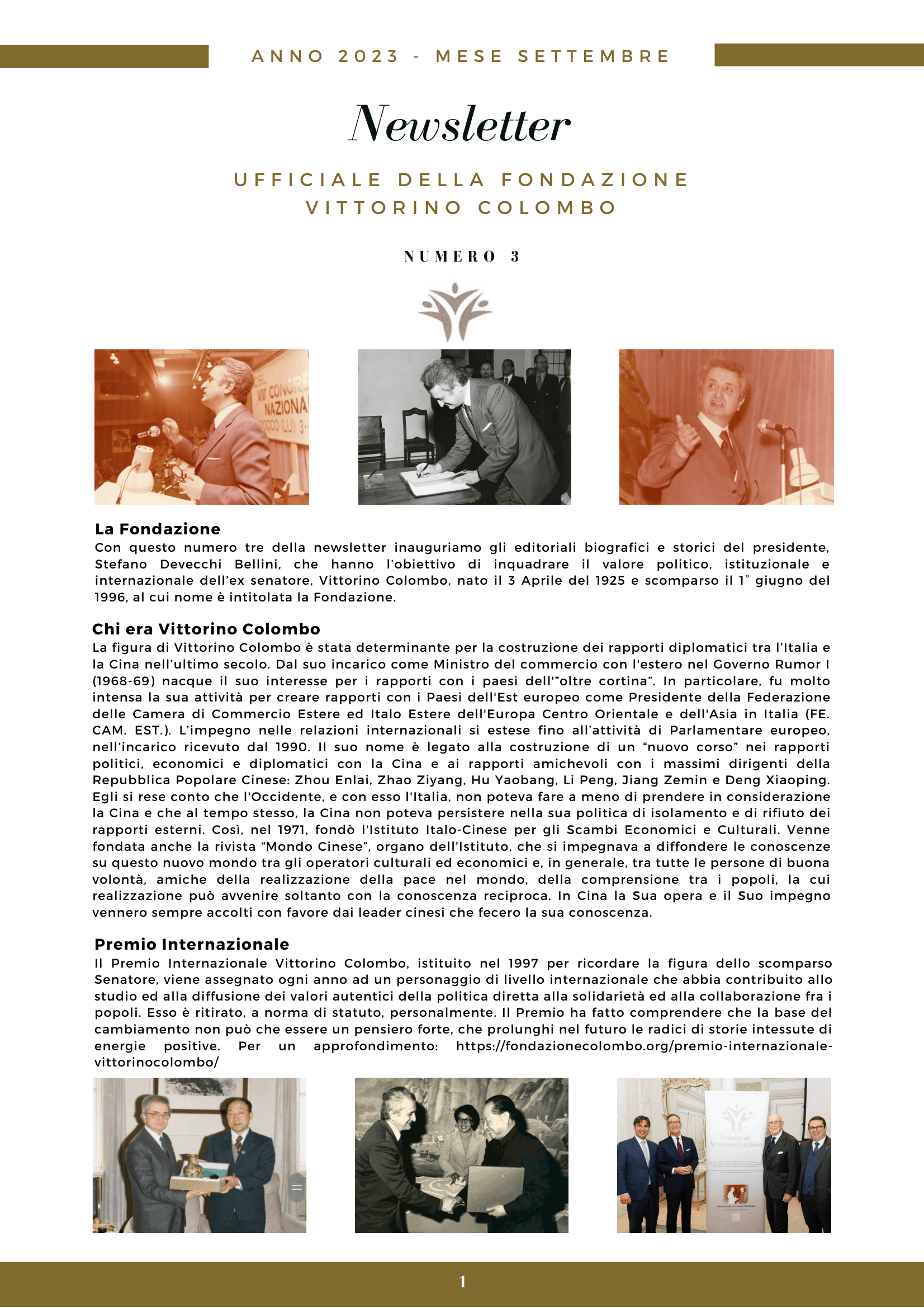 Copertina della Newsletter Ufficiale della Fondazione Vittorino Colombo Numero 3, settembre 2023, dedicata alla biografia del Senatore Vittorino Colombo, alle attività della Fondazione e al Premio Internazionale Vittorino Colombo.